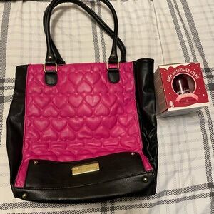 Betsey Johnson Heart-Patterned Pink and Black Tote